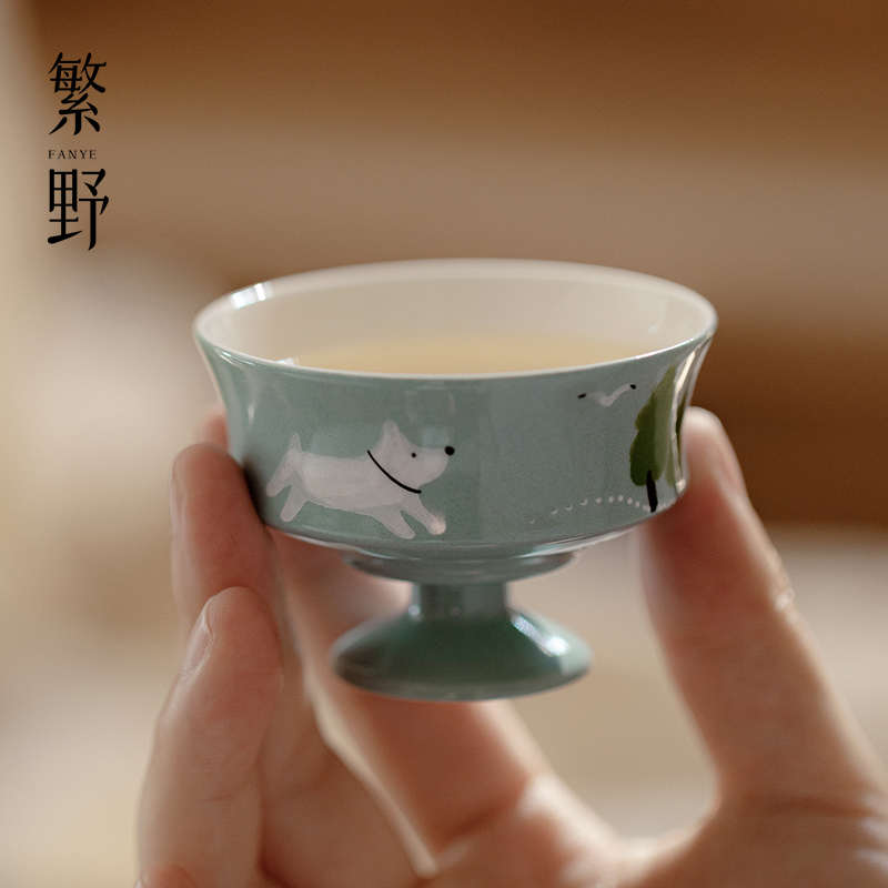 繁野手绘萌狗陶瓷主人杯创意可爱盖碗茶杯女士个人专用品茗喝茶杯