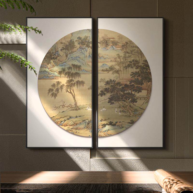 新中式私宅客厅背景组合装饰画高级感挂画风景立体浮雕两联壁画