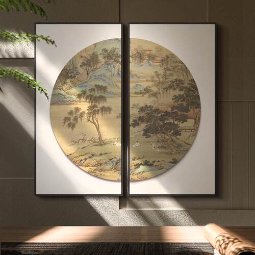 新中式私宅客厅背景组合装饰画高级感挂画风景立体浮雕两联壁画