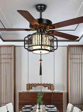 新中式吊扇代餐厅古韵木40509叶吊扇厅书房茶楼灯灯扇一体现客铁