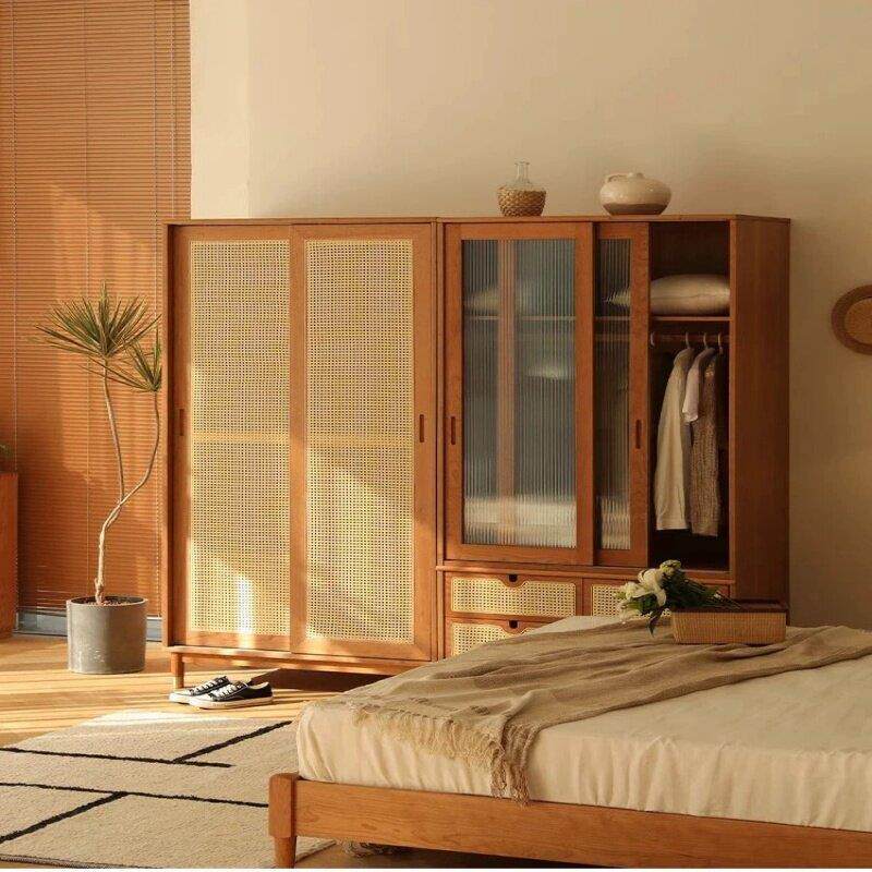 藤编实木推拉门衣柜家用卧室小户型收纳柜现代简约储物柜原木衣橱