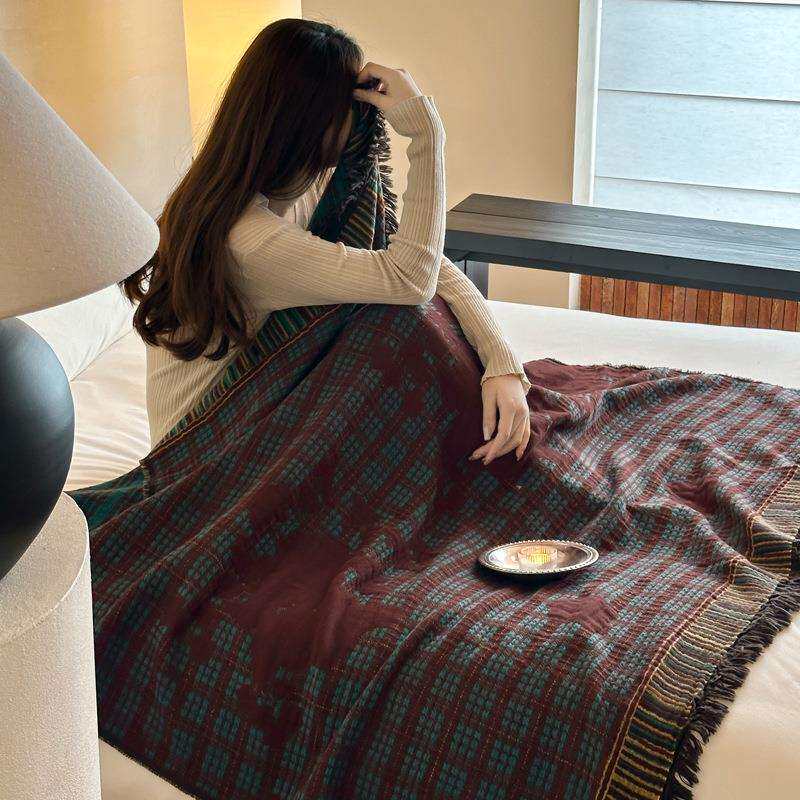 冬复古风秋保暖午睡沙毯子流苏liwai女生发多功能色棉织全纱布盖