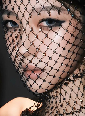 欧美满钻面罩头套女弹力黑色网格头罩闪钻音乐节渔网拍照道具配饰
