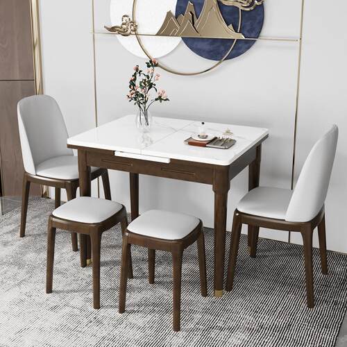 新中式岩板实木伸缩桌小户型现代简约多功能可折叠餐桌家用省空间