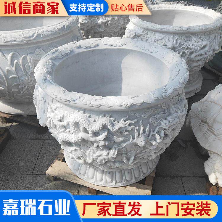 青石浮雕雕刻鱼缸青石仿古中式石头缸庭院做旧荷花养鱼石缸石缸