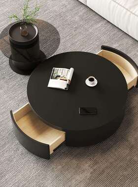 U意式极简岩板茶几几纯大小圆茶9实木小户型伸缩高低黑玻璃茶A840