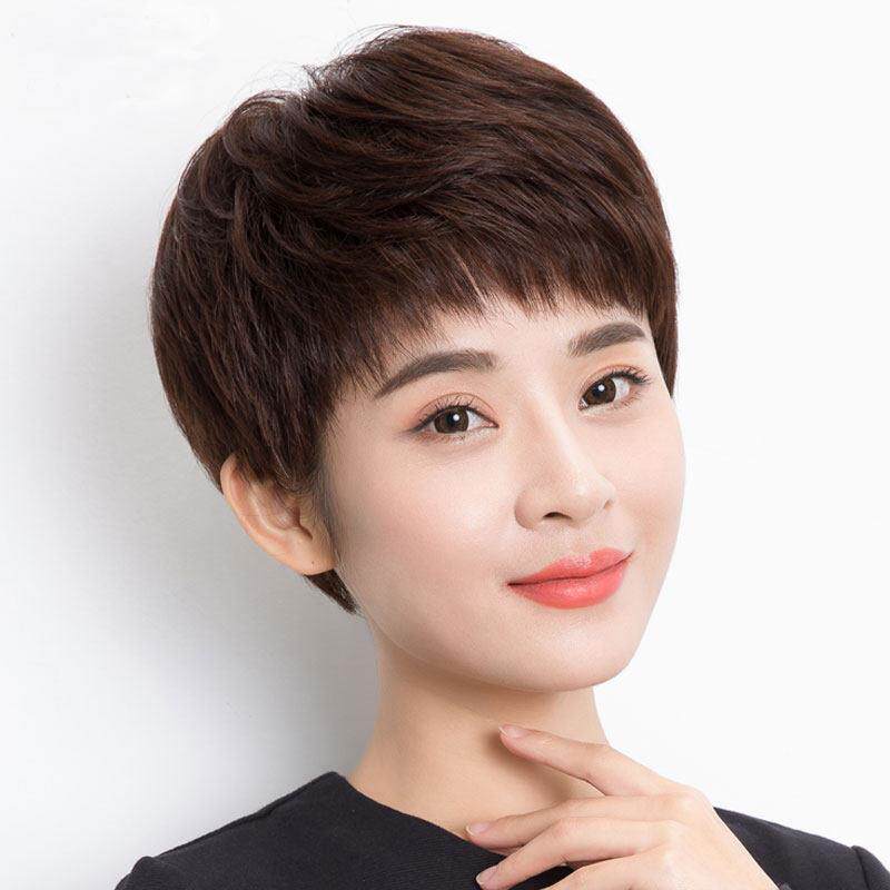 假发女短发中老年送妈妈真人发丝斜浏海短卷发女士整顶真发假发套