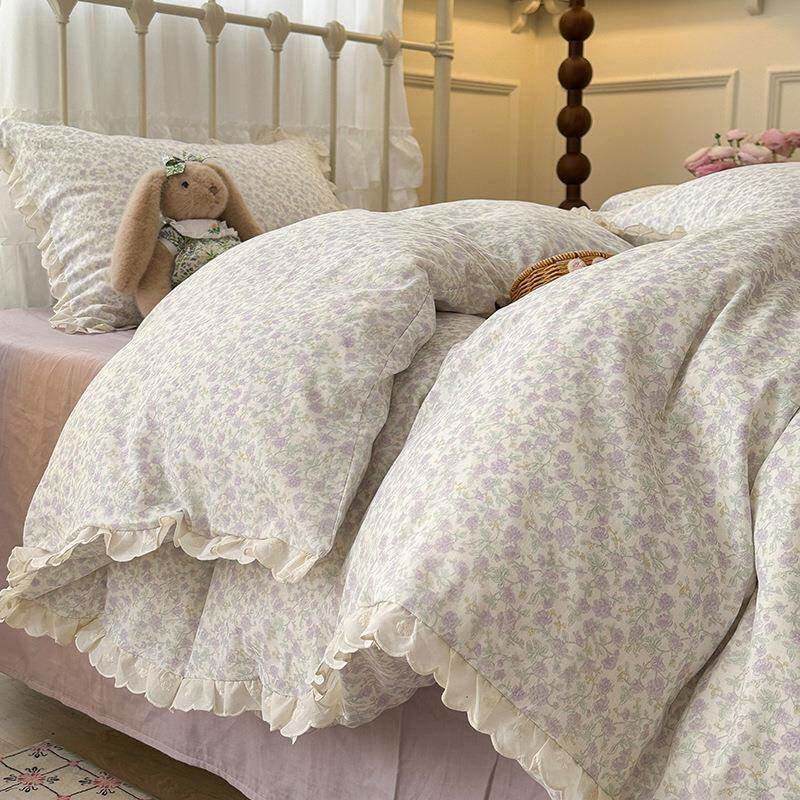 全棉双层纱棉花边四件套碎花韩式纯棉蕾丝花边被套床单床品公主风