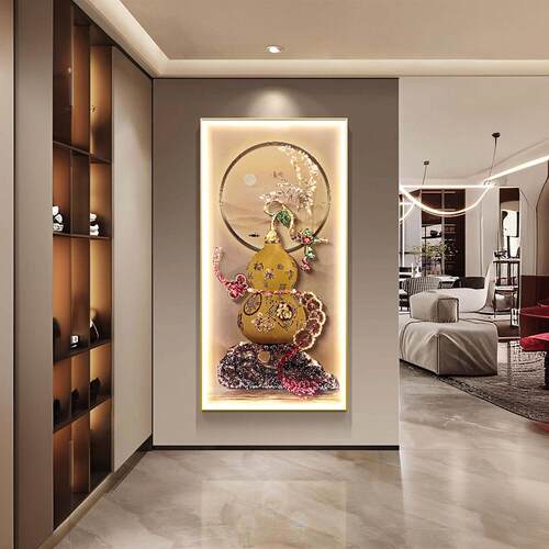 新中式五帝钱葫芦玄关装饰画 画入户走廊过道好寓意竖版LED发光挂
