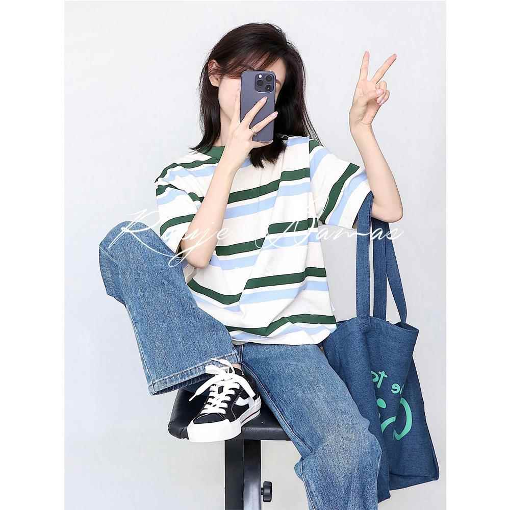 Rouje Damas美国右肩条纹短袖t恤女子多巴胺穿2024新宽松上衣