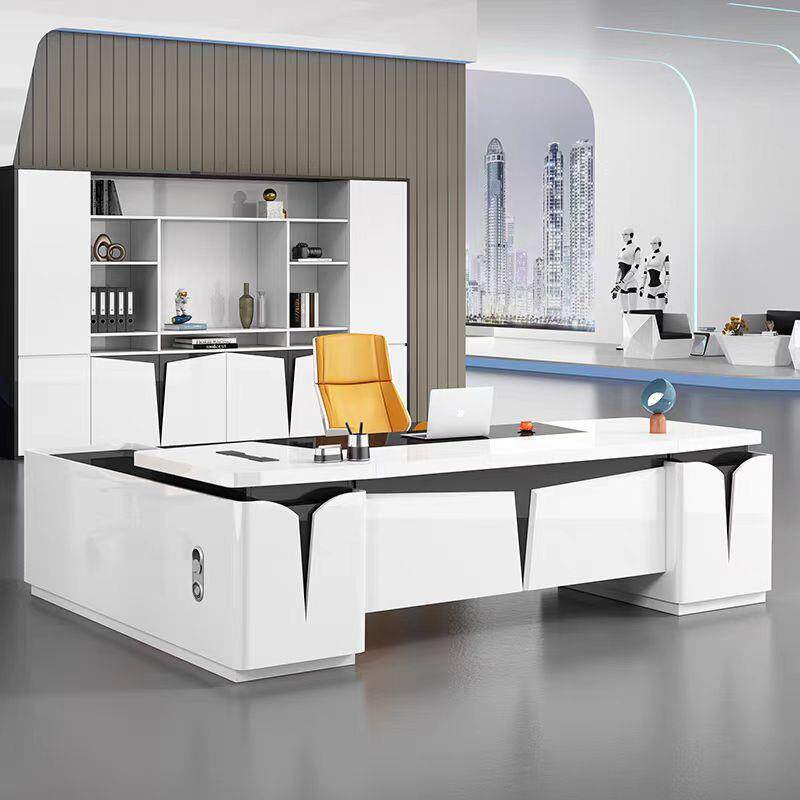 创意烤漆老板办公桌椅组合简约现代轻奢时尚科技大班台白色办公桌
