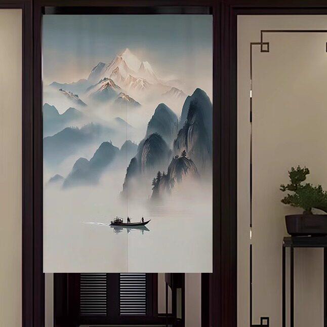 新中式轻奢风雪山水画玄关大门口入户隔断帘卧室卫生间遮挡门帘布