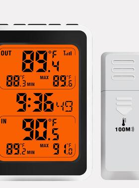 室内外无线温湿度计带时间橙色背光家用电子温度计厂家闹钟