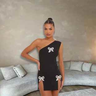 oblique hot dress collar bow diamond tie personality slit