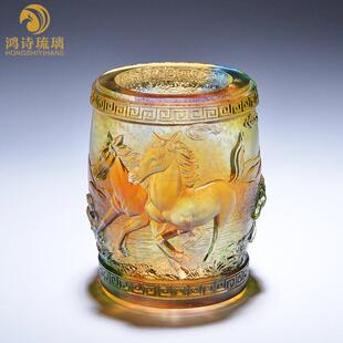 复古中式中国风马到成功琉璃工艺品笔筒创意时尚办公室老板桌摆件