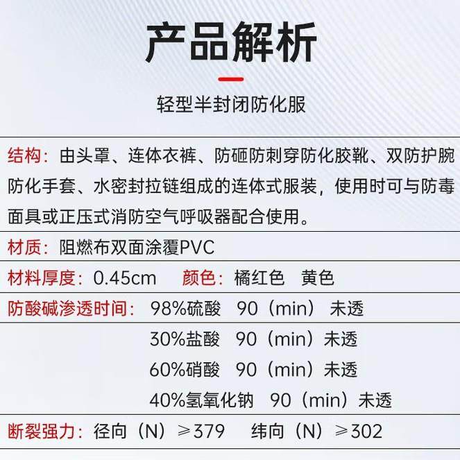 胜丽防化服B级耐酸碱半封闭轻型液密性连体式防腐蚀红色XL码一套