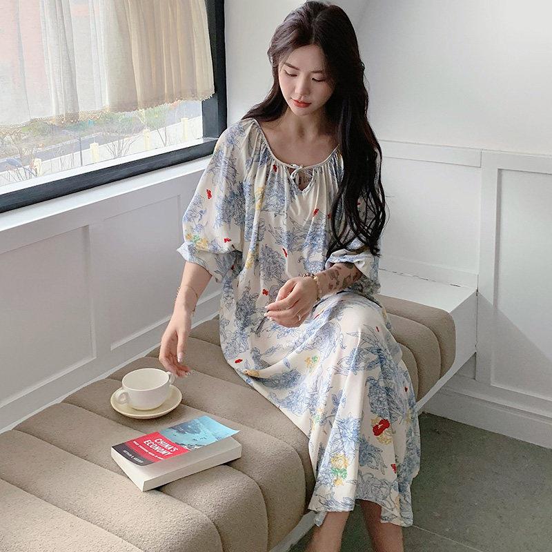 睡裙女夏季薄款沙滩长裙绵绸睡衣春秋天女士度假风棉绸家居服大尺