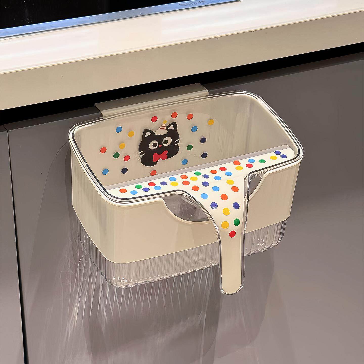 波点猫壁挂垃圾桶家用厨房免打孔柜门悬挂带刮板背胶黏贴垃圾桶