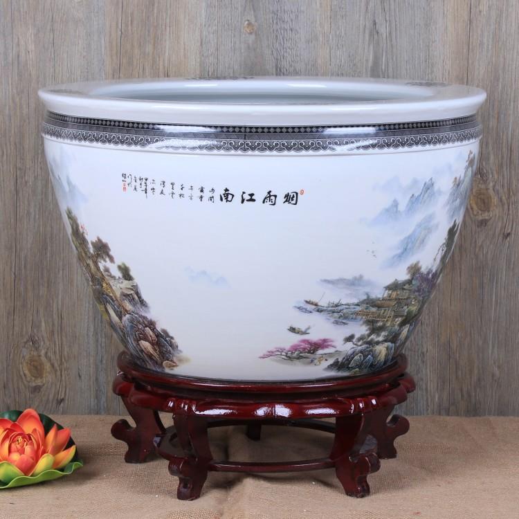 陶瓷大鱼缸釉上彩烟雨江南金鱼缸水培饰植物缸风DSU号装水缸摆件