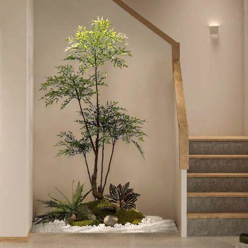 模拟绿色植物造景室内景观植物楼梯下南迪纳竹子落地盆栽窗装饰假