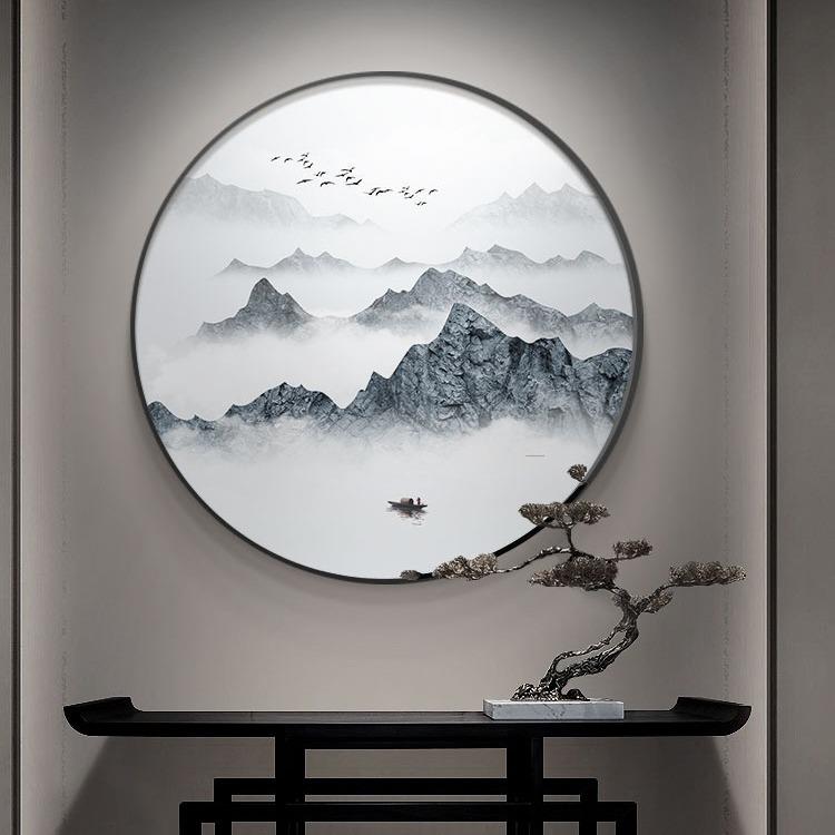 新中式装饰画办公室圆形入户玄关客厅画山水画禅意茶室挂画水墨画