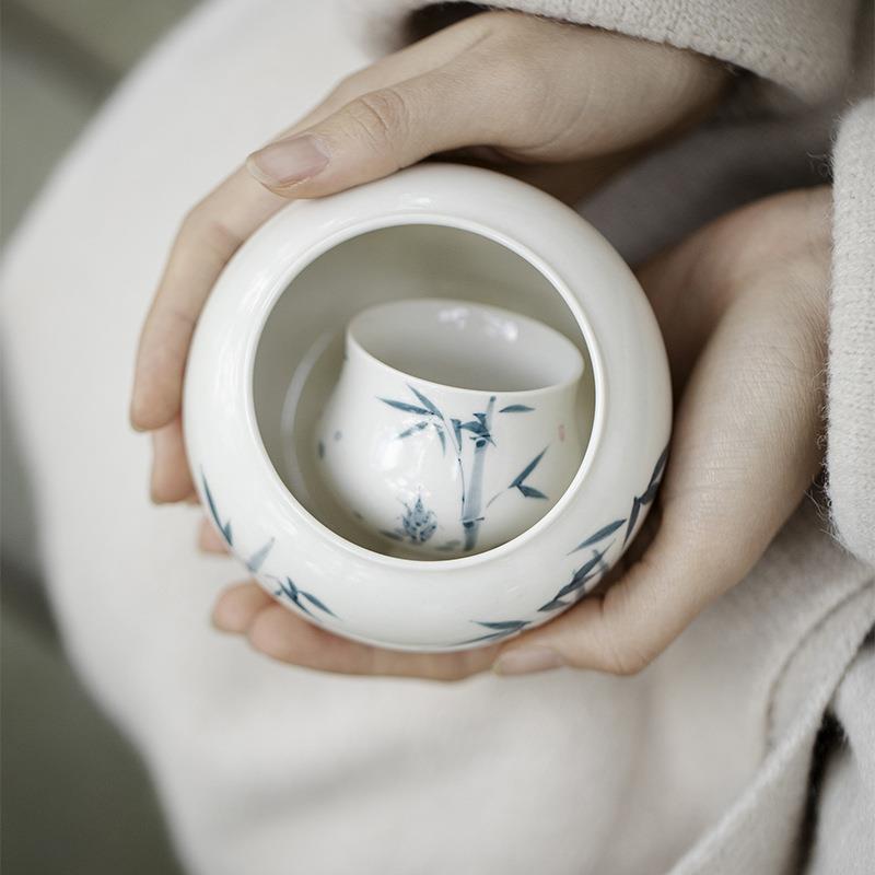 墨己草木灰手绘建水茶道配件陶瓷茶洗废水缸竹子家用大号水盂摆件