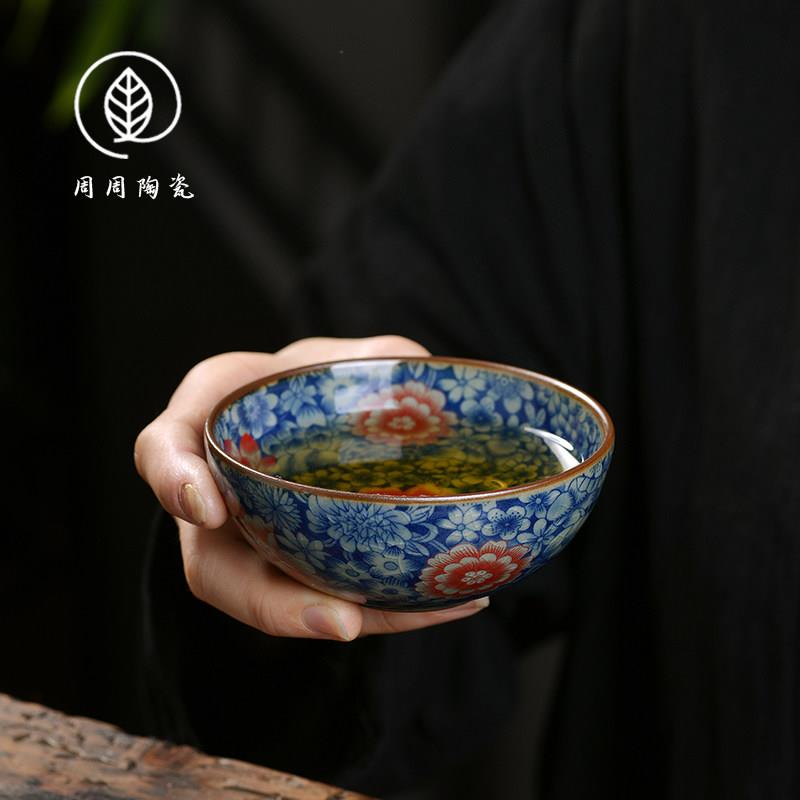 景德镇青花万花主人杯老陶泥茶杯陶瓷家用单杯开片可养个人品茗杯