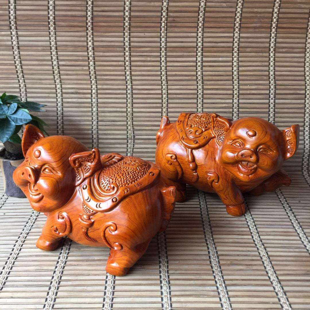 花梨木雕财富猪摆件实木十二生肖福财猪雕刻工艺品可爱家居装饰品