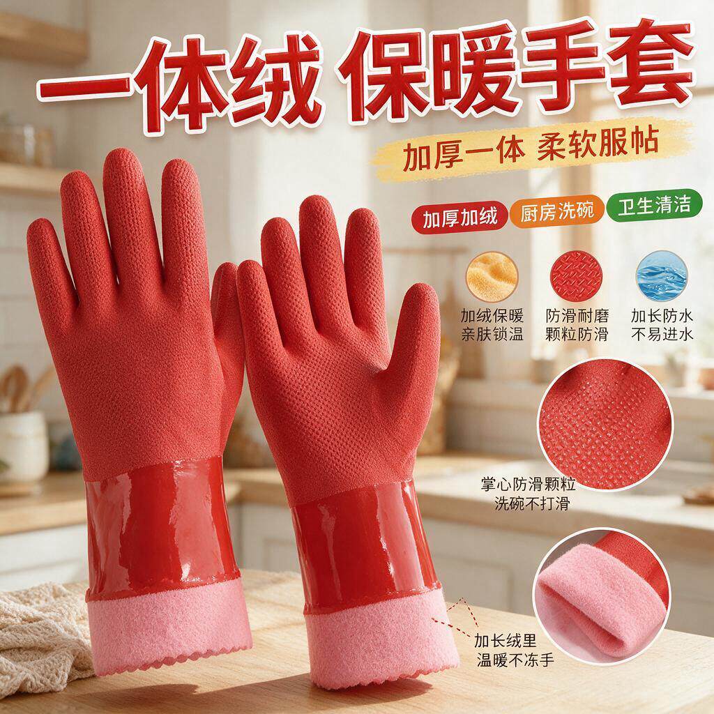 家务用手套洗碗加绒厨房保暖加厚胶皮耐用橡胶洗衣加长卫生清洁冬