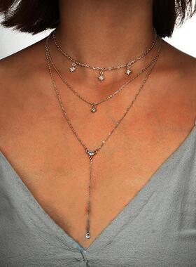 necklace women 镶钻多层颈炼 星星菱形锁骨炼简约三层项炼项圈