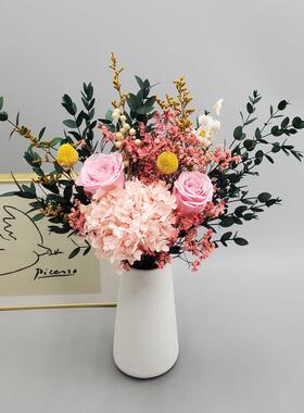 永生玫瑰尤加利干燥花花束网红摆件真花满天星绣球水晶草家居装饰