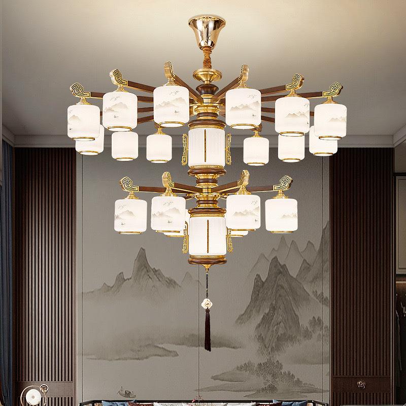 下新朝11571自中式实别木吊灯古典中国风建房客厅灯墅复式楼全铜