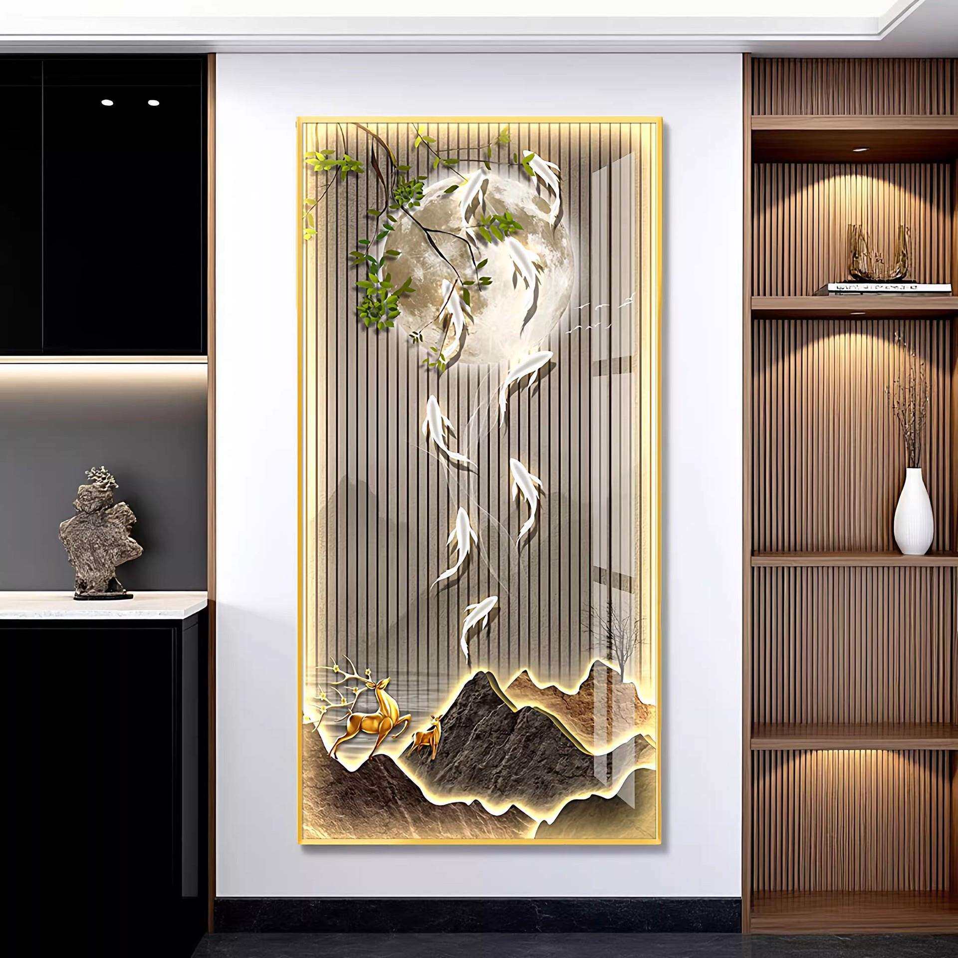 轻奢led带灯九鱼图入户玄关装饰画简约现代挂画走廊过道壁画竖版