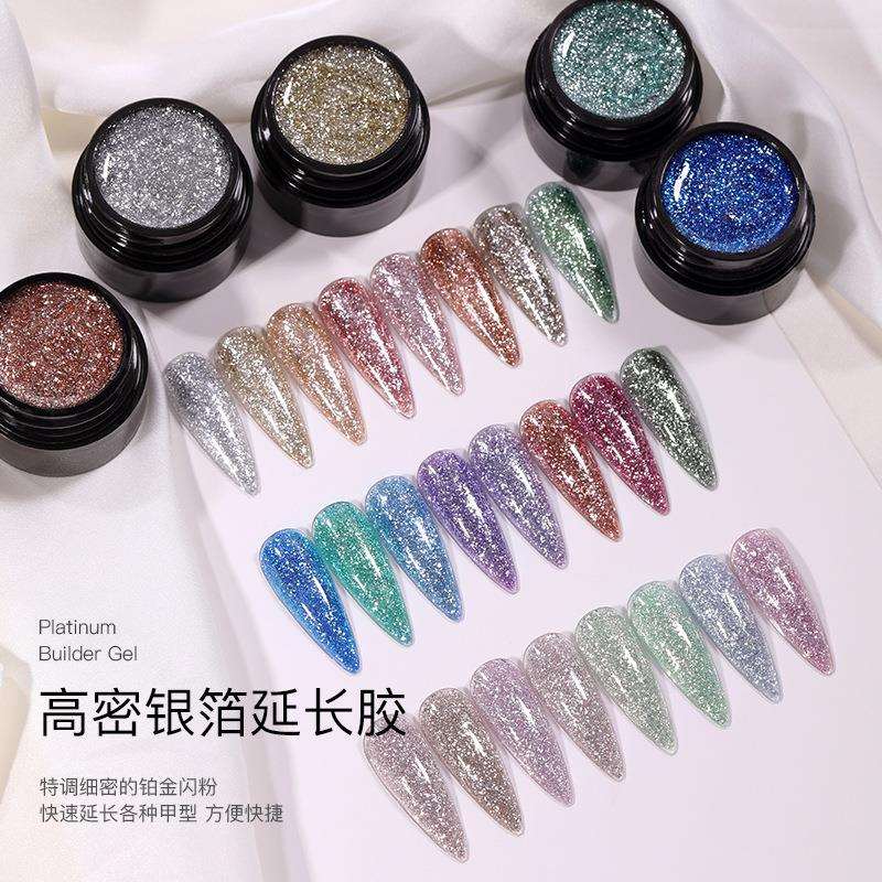 新款跨境爆闪碎钻银箔金箔闪粉亮片美甲延长胶快速无纸托延长胶