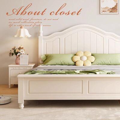 Fls北欧白色奶油风实木床现代简约1.8双人主卧大床1.5单人床储物
