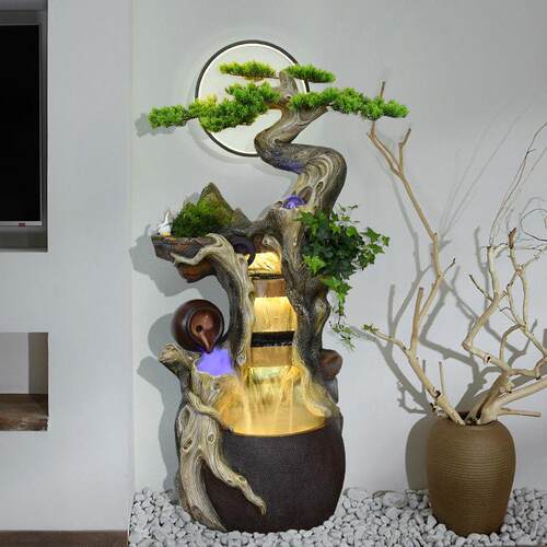 根雕风水轮招财客厅阳台景观花园背书造景流水落地摆件开业装饰品