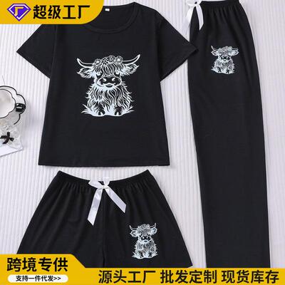 Cartoon Highland Cow Print Women Pajama Sets Matching