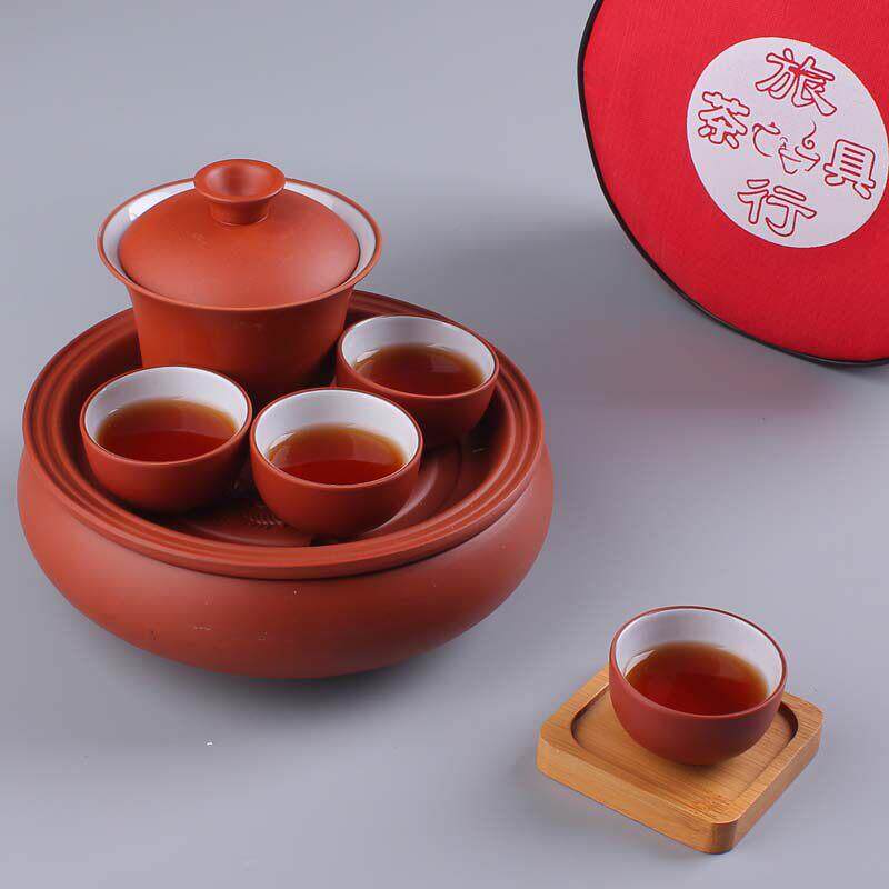 潮汕功夫茶具可携式旅行套组潮州陶瓷一壶四杯老式家用盖碗荼具紫