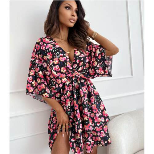 Large size women's floral deep waist short sleeved dress