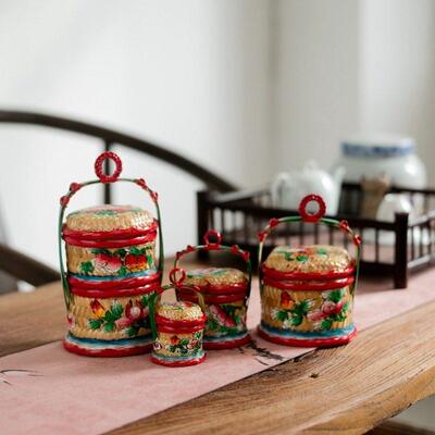 迷你手绘春盛茶席家居摆件竹篮手工竹编篮子花篮潮州传统竹艺摆件