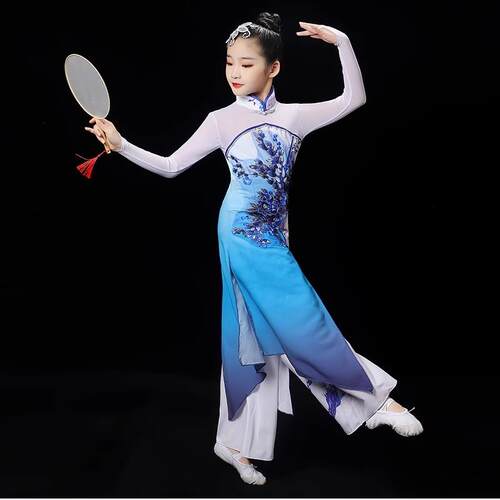 高档儿国童古舞演出服女飘逸中风青花瓷童少儿典扇子舞伞舞古筝表