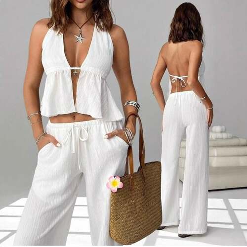 Women's 2 Piece Casual Fashion Sexy Backless Simple Tie Neck