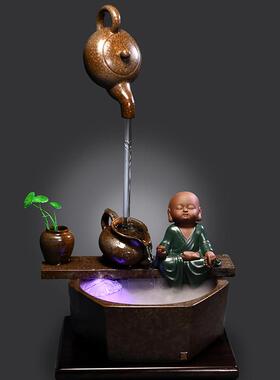 天HWJ壶悬湿空小和尚流摆泉件水桌面喷加器禅意陶瓷流水器鱼缸摆