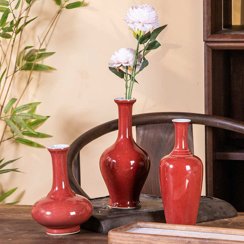 仿古红色高档景德镇红釉柴窑味底陶瓷花瓶装饰摆件博古架收藏品