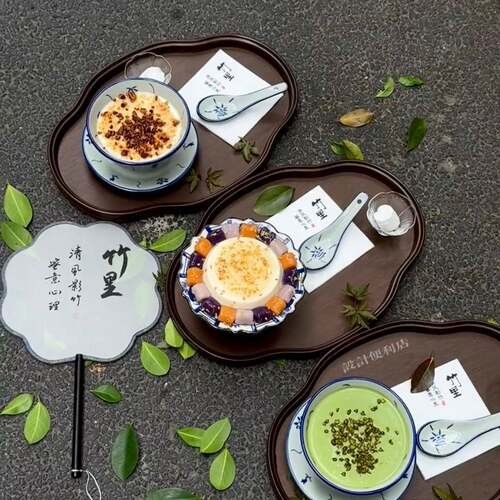 糖水铺木托 托盘青花瓷陶瓷碗家用中式覆古餐具日式奉茶长方形檀