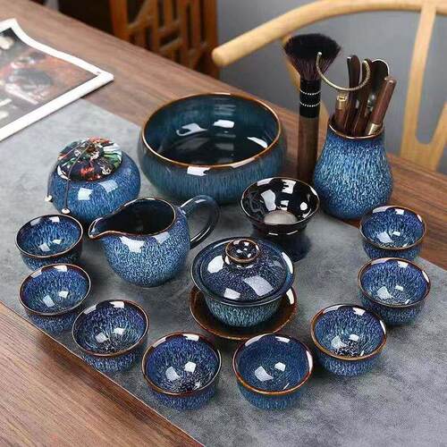 窑变茶具天目釉茶具套装陶瓷蓝盏泡茶壶盖碗整套茶具套装2024新款