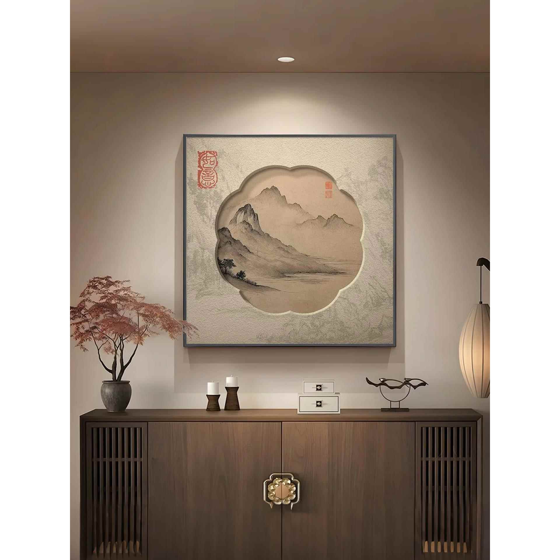 宋代美学茶室挂画新中式方形组合玄关装饰画山水画水墨画书房壁画