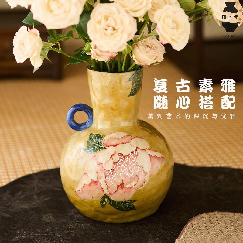 景德镇水培花器手绘釉下彩牡丹中式客厅玄关插花摆件手工陶瓷花瓶