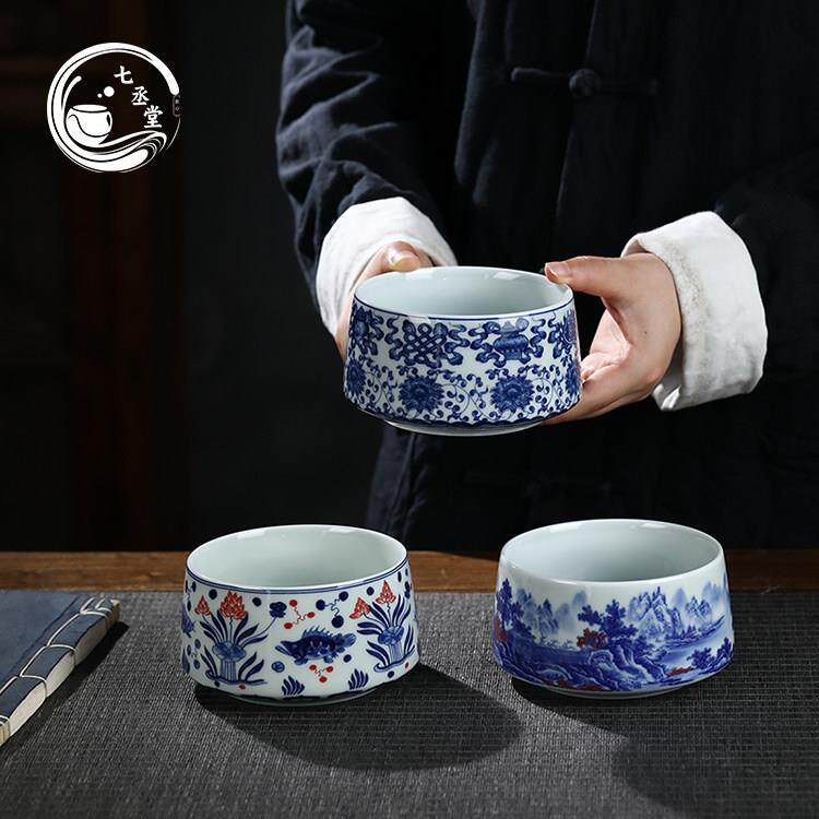 景德镇青花瓷八宝茶洗鱼藻纹山水茶洗家用茶渣缸陶瓷水洗茶道送礼