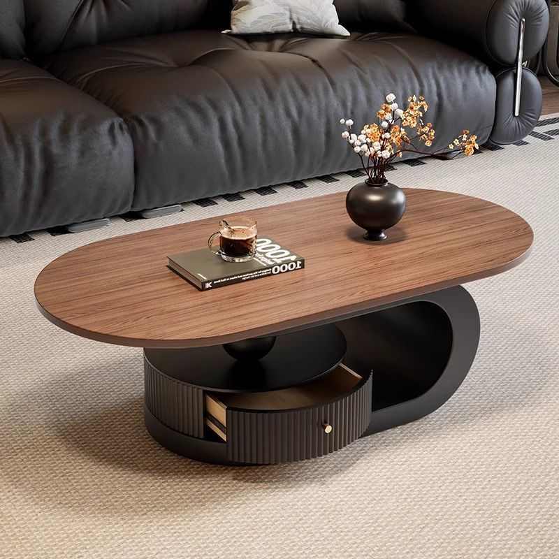 椭圆形胡桃木茶几桌子轻奢高级感中古风复古小户型客厅家用设计师